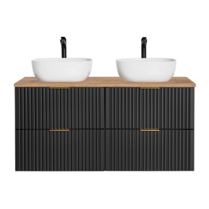 Ensemble meuble sous vasque NOXERA 140 cm – Noir mat et chêne – 2 meubles + étagère + plan pour vasque