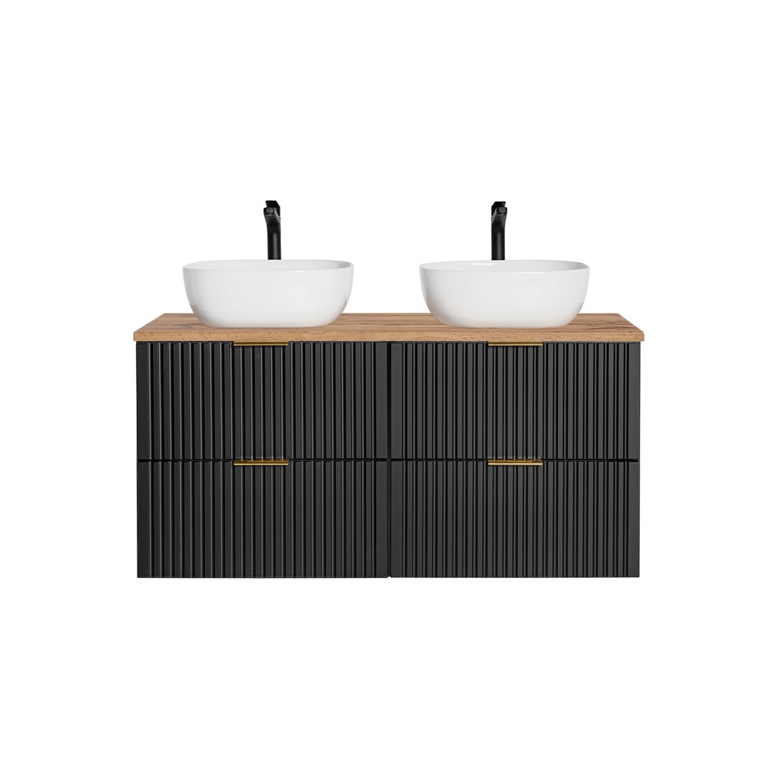 Ensemble meuble sous vasque NOXERA 140 cm – Noir mat et chêne – 2 meubles + étagère + plan vasque