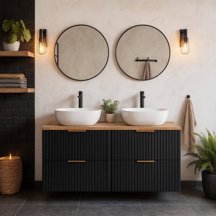 Ensemble meuble sous vasque NOXERA 140 cm – Noir mat et chêne – 2 meubles + 2 niches + plan pour vasque
