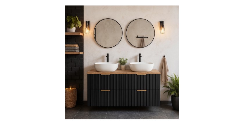 Ensemble meuble sous vasque NOXERA 140 cm – Noir mat et chêne – 2 meubles + étagère + plan pour vasque