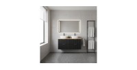 Ensemble meuble sous vasque NOXERA 140 cm – Noir mat et chêne – 2 meubles + étagère + plan vasque