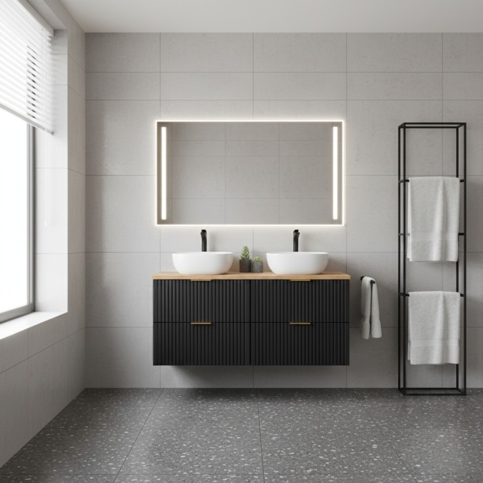 Insieme mobile sotto lavabo NOXERA 140 cm – Nero opaco e rovere – 2 mobili + 2 nicchie + piano per lavabo