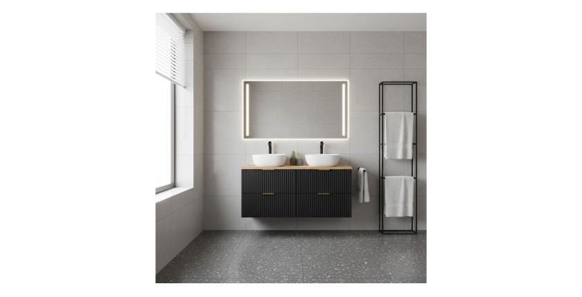 Ensemble meuble sous vasque NOXERA 140 cm – Noir mat et chêne – 2 meubles + étagère + plan pour vasque