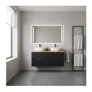 Ensemble meuble sous vasque NOXERA 140 cm – Noir mat et chêne – 2 meubles + étagère + plan vasque