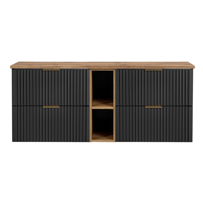 Ensemble meuble sous vasque NOXERA 140 cm – Noir mat et chêne – 2 meubles + 2 niches + plan pour vasques