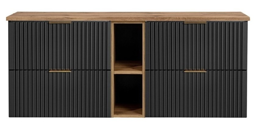 Ensemble meuble sous vasque NOXERA 140 cm – Noir mat et chêne – 2 meubles + 2 niches