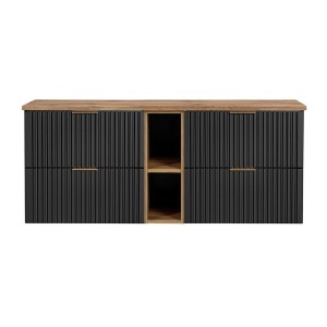 Ensemble meuble sous vasque NOXERA 140 cm – Noir mat et chêne – 2 meubles + 2 niches + plan pour vasques