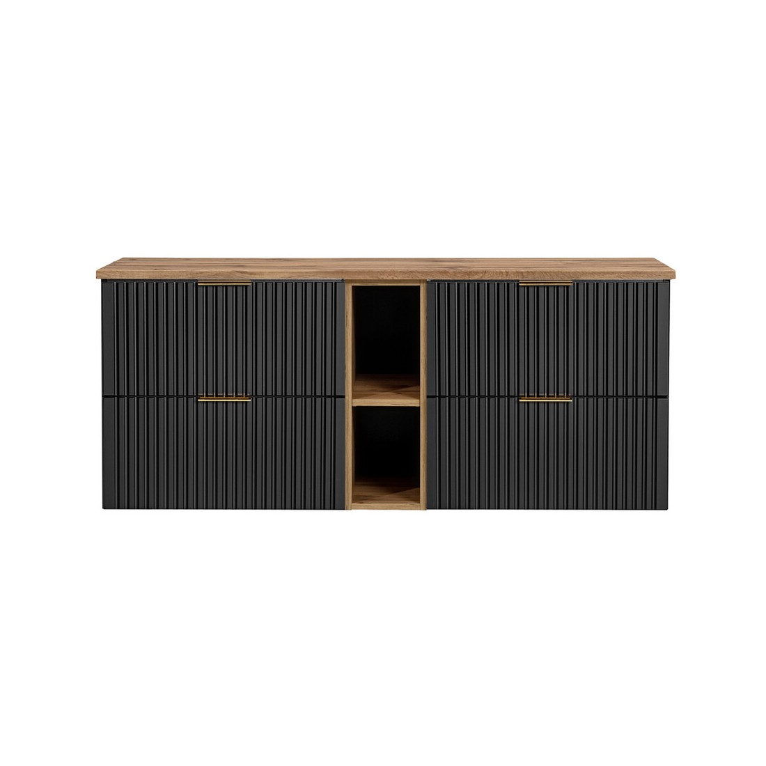 Ensemble meuble sous vasque NOXERA 140 cm – Noir mat et chêne – 2 meubles + 2 niches + plan pour vasques