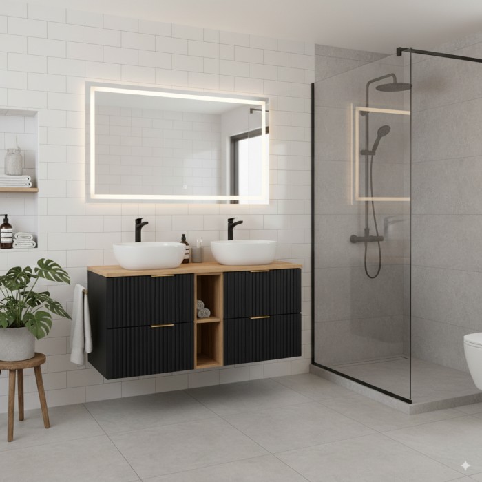 Ensemble meuble sous vasque NOXERA 140 cm – Noir mat et chêne – 2 meubles + 2 niches + plan pour vasques