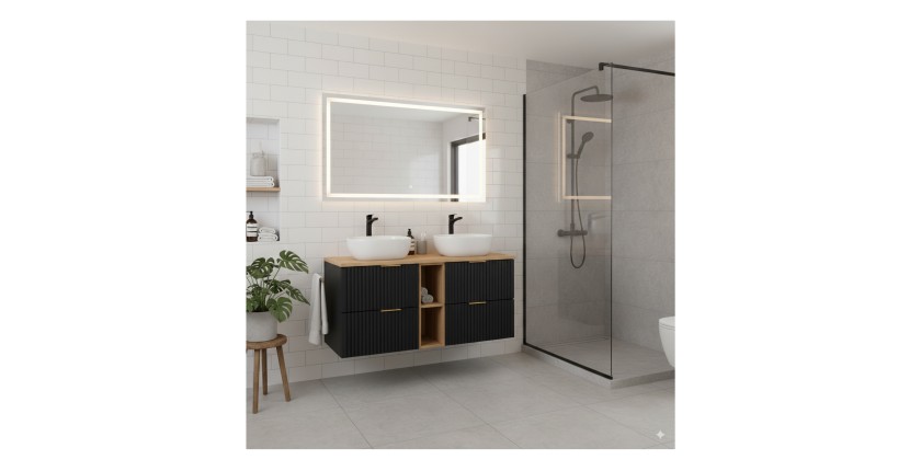 Ensemble meuble sous vasque NOXERA 140 cm – Noir mat et chêne – 2 meubles + 2 niches + plan pour vasques