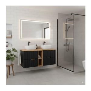 Ensemble meuble sous vasque NOXERA 140 cm – Noir mat et chêne – 2 meubles + 2 niches + plan pour vasques