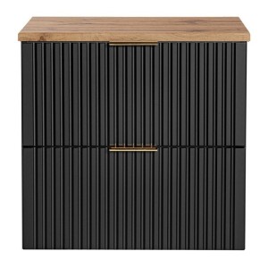 Ensemble meuble sous vasque NOXERA 60 cm – Noir mat et chêne – 2 tiroirs + plan pour vasque