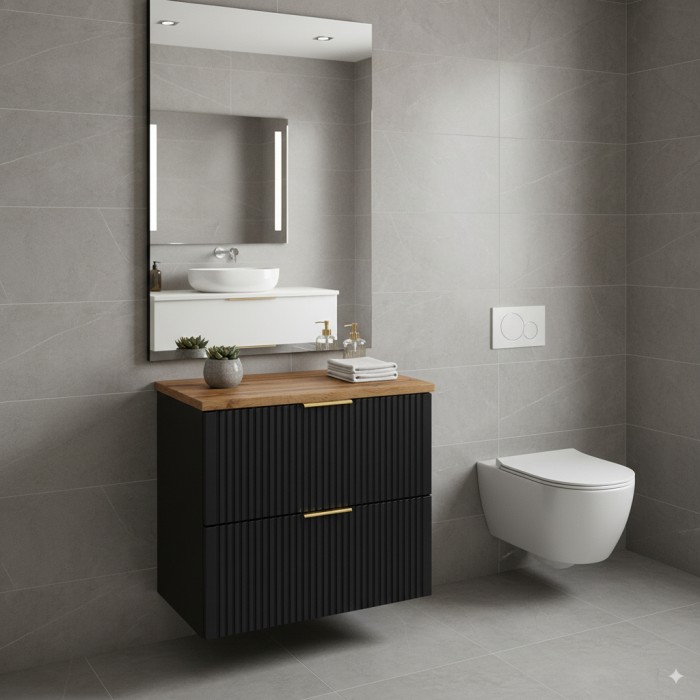 Ensemble meuble sous vasque NOXERA 60 cm – Noir mat et chêne – 2 tiroirs + plan pour vasque