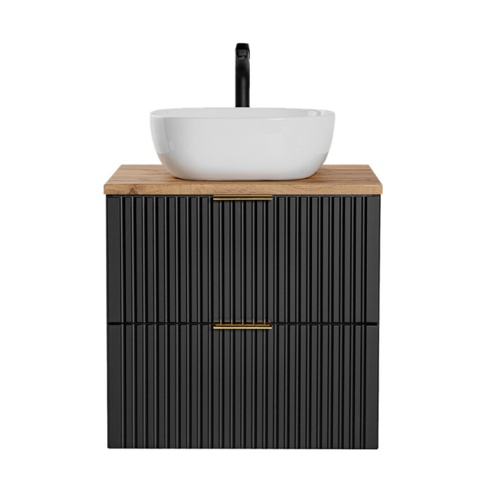 Ensemble meuble sous vasque NOXERA 60 cm – Noir mat et chêne – 2 tiroirs + plan pour vasque + vasque