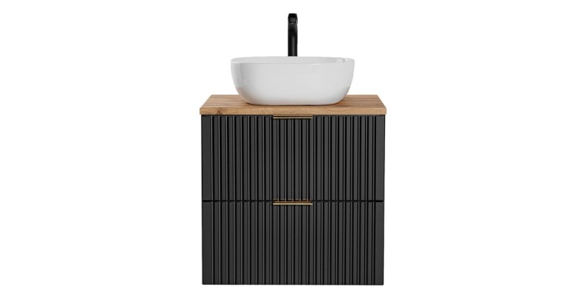 Ensemble meuble sous vasque NOXERA 60 cm – Noir mat et chêne – 2 tiroirs + plan pour vasque + vasque