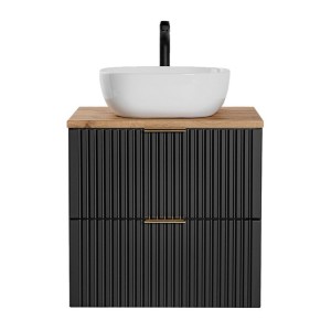 Ensemble meuble sous vasque NOXERA 60 cm – Noir mat et chêne – 2 tiroirs + plan pour vasque + vasque