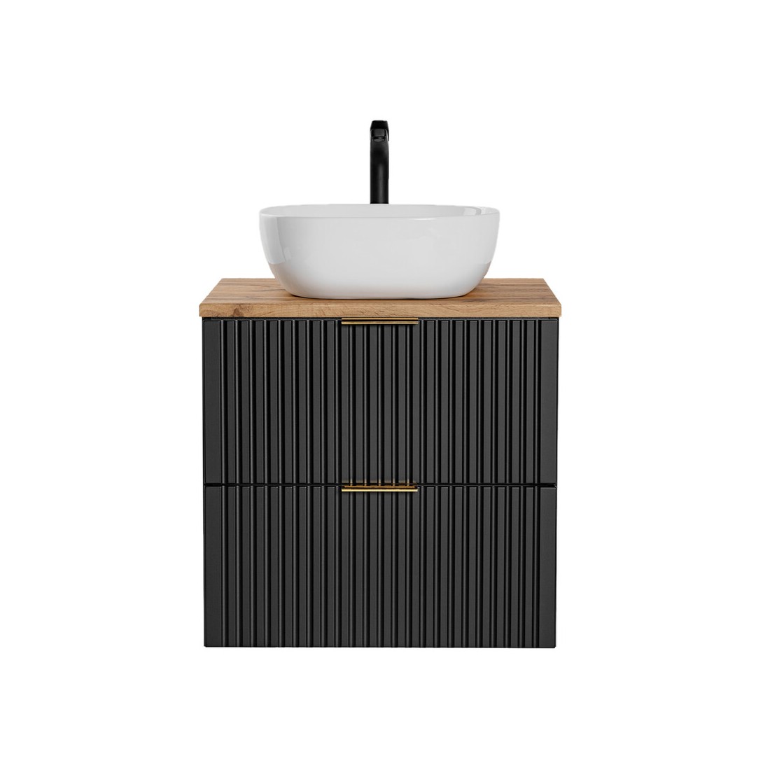 Ensemble meuble sous vasque NOXERA 60 cm – Noir mat et chêne – 2 tiroirs + plan + vasque