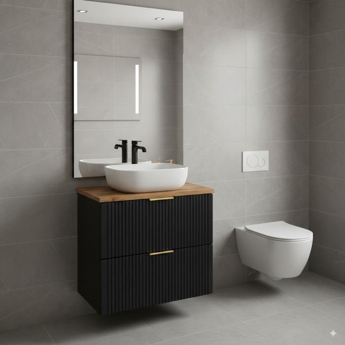 Ensemble meuble sous vasque NOXERA 60 cm – Noir mat et chêne – 2 tiroirs + plan pour vasque + vasque