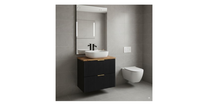 Ensemble meuble sous vasque NOXERA 60 cm – Noir mat et chêne – 2 tiroirs + plan pour vasque + vasque