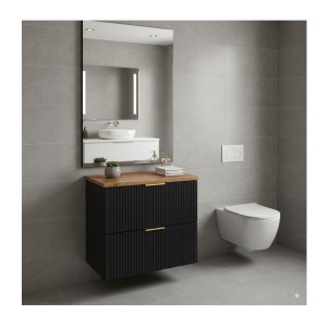 Ensemble meuble sous vasque NOXERA 80 cm – Noir mat et chêne – 2 tiroirs + plan vasque