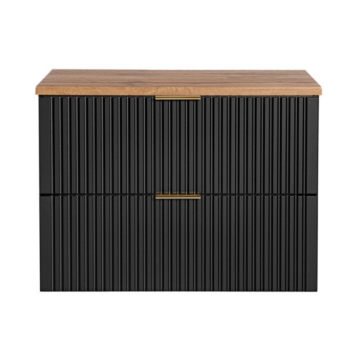 Ensemble meuble sous vasque NOXERA 80 cm – Noir mat et chêne – 2 tiroirs + 2 niches + plan pour vasque