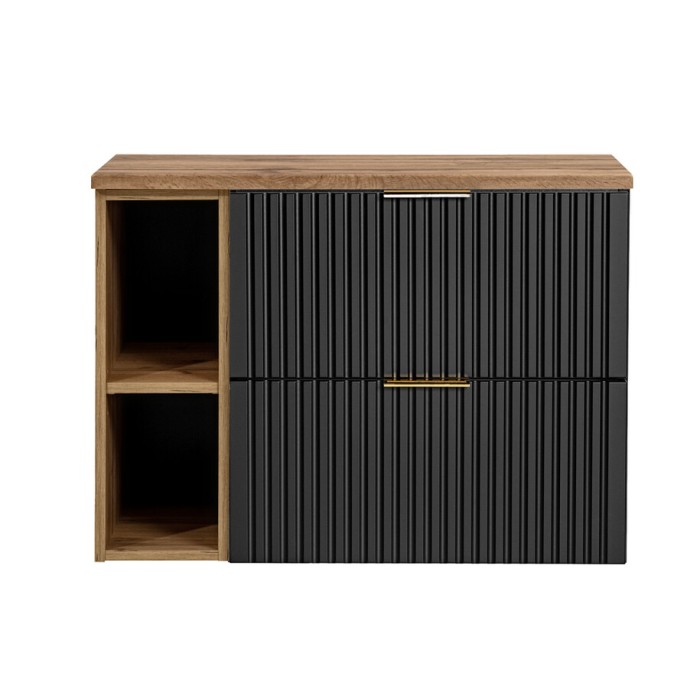 Ensemble meuble sous vasque NOXERA 80 cm – Noir mat et chêne – 2 tiroirs + 2 niches + plan pour vasque