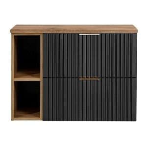 Ensemble meuble sous vasque NOXERA 80 cm – Noir mat et chêne – 2 tiroirs + 2 niches + plan pour vasque