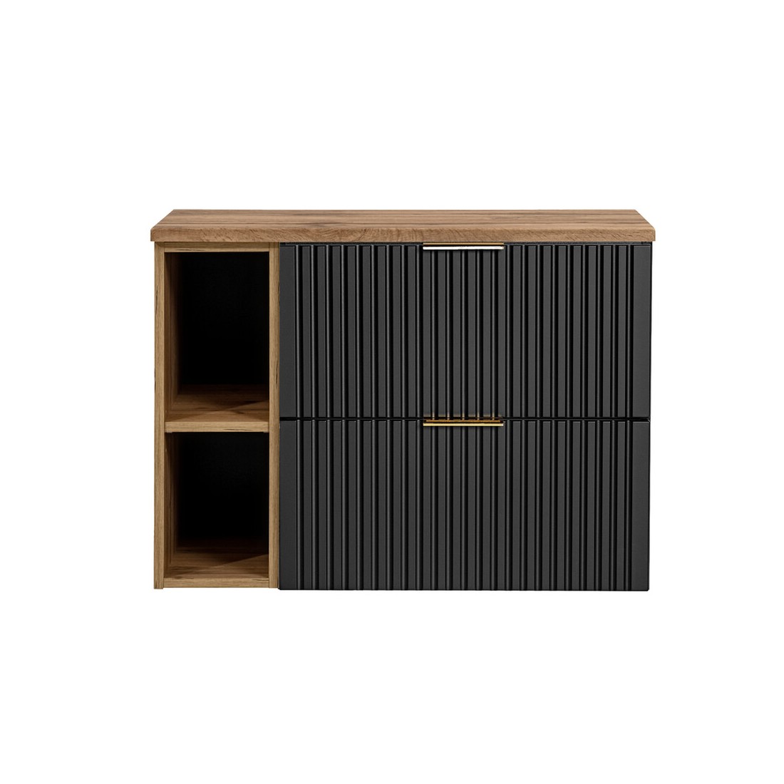 Ensemble meuble sous vasque NOXERA 80 cm – Noir mat et chêne – 2 tiroirs + 2 niches + plan pour vasque