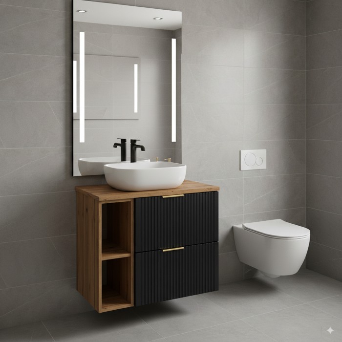 Ensemble meuble sous vasque NOXERA 80 cm – Noir mat et chêne – 2 tiroirs + 2 niches + plan pour vasque