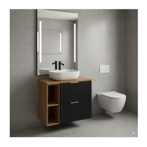 Ensemble meuble sous vasque NOXERA 80 cm – Noir mat et chêne – 2 tiroirs + 2 niches + plan pour vasque