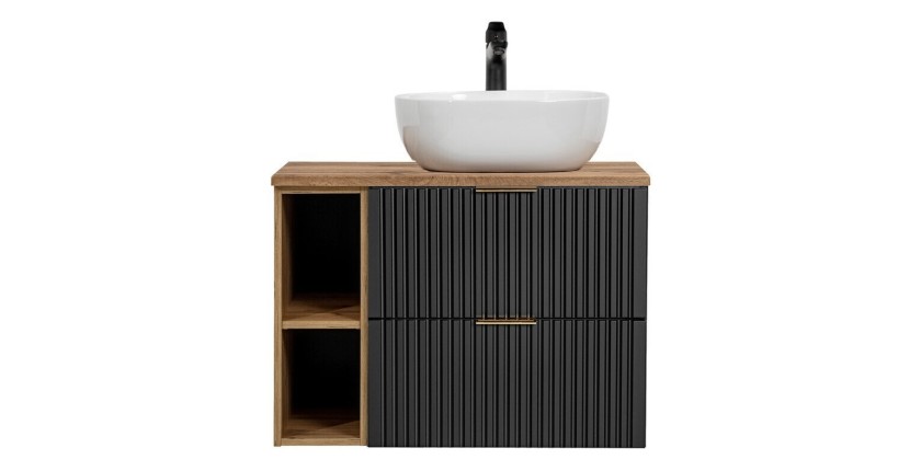 Ensemble meuble sous vasque NOXERA 80 cm – Noir mat et chêne – 2 tiroirs + 2 niches + vasque