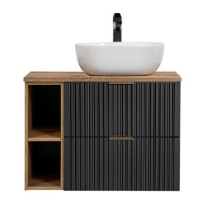 Ensemble meuble sous vasque NOXERA 80 cm – Noir mat et chêne – 2 tiroirs + 2 niches + vasque