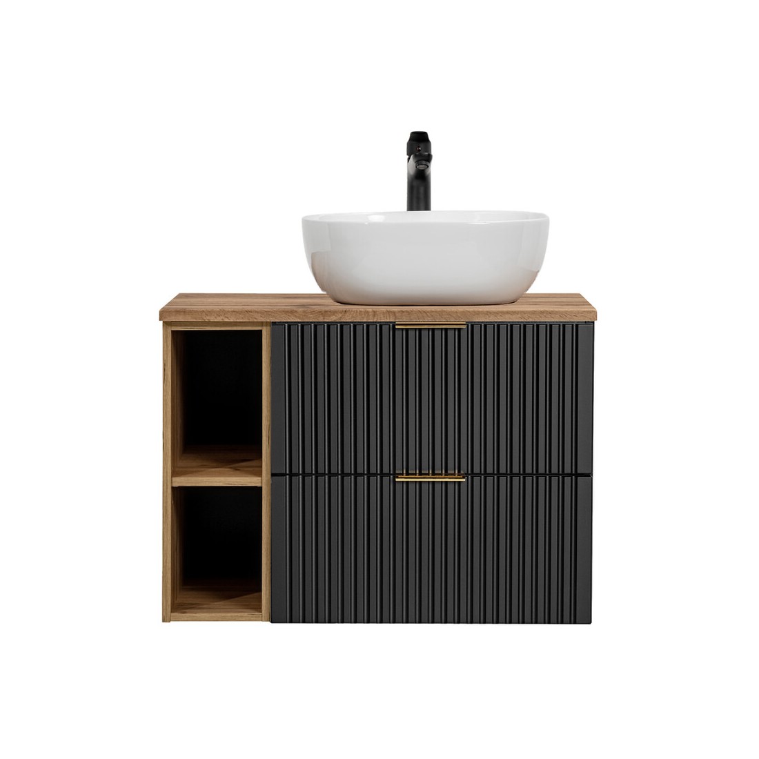 Ensemble meuble sous vasque NOXERA 80 cm – Noir mat et chêne – 2 tiroirs + 2 niches + vasque