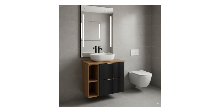 Ensemble meuble sous vasque NOXERA 80 cm – Noir mat et chêne – 2 tiroirs + 2 niches + vasque
