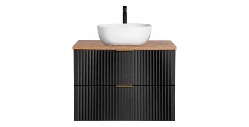 Ensemble meuble sous vasque NOXERA 80 cm – Noir mat et chêne – 2 tiroirs + 2 niches + vasque