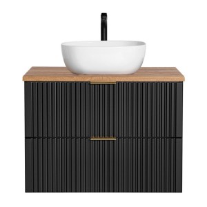 Ensemble meuble sous vasque NOXERA 80 cm – Noir mat et chêne – 2 tiroirs + 2 niches + vasque