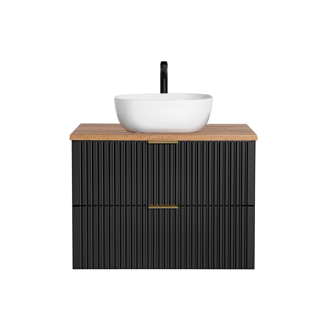 Ensemble meuble sous vasque NOXERA 80 cm – Noir mat et chêne – 2 tiroirs + 2 niches + vasque