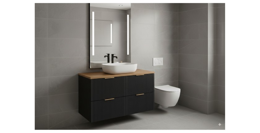 Grand meuble sous vasque NOXERA 120 cm – Noir mat – 4 tiroirs spacieux