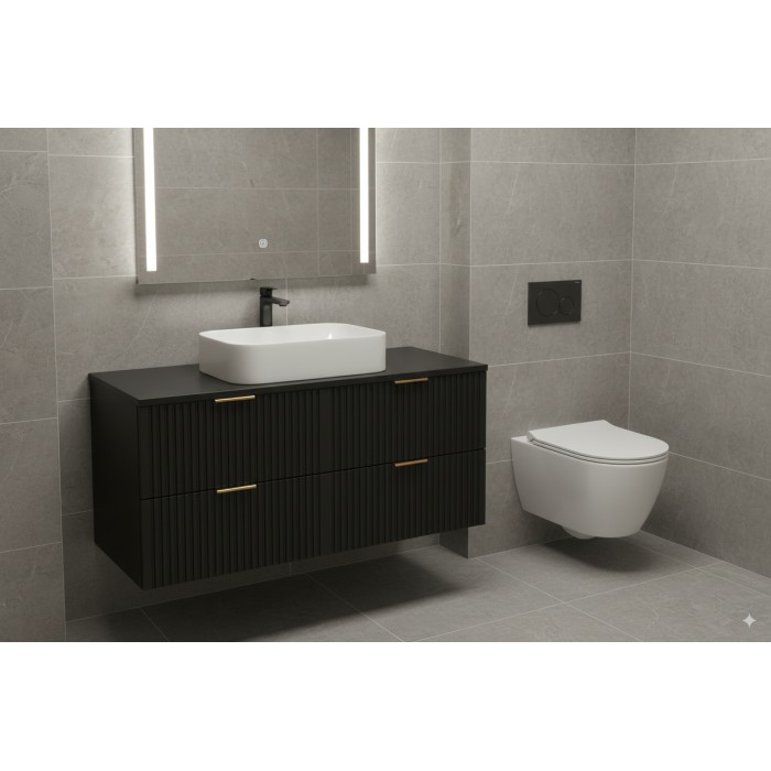 Grand meuble sous vasque NOXERA 120 cm – Noir mat – 4 tiroirs + plan pour vasque