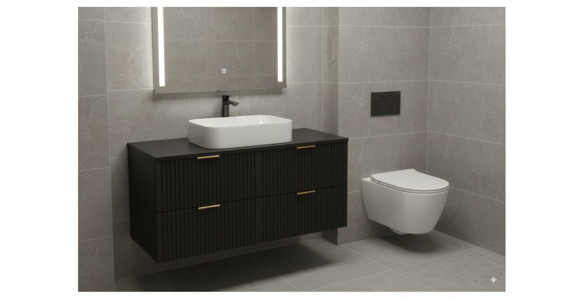 Grand meuble sous vasque NOXERA 120 cm – Noir mat – 4 tiroirs + plan pour vasque