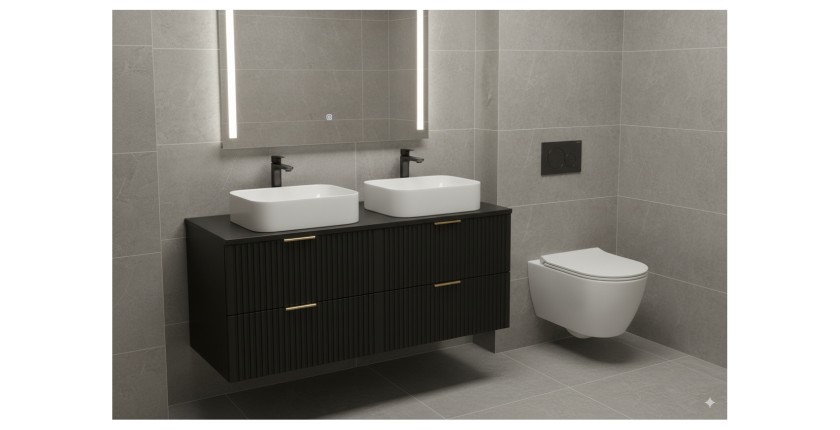 Grand meuble sous vasque NOXERA 120 cm – Noir mat – 4 tiroirs + double vasque