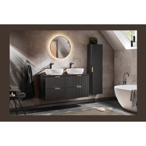 Grand meuble sous vasque NOXERA 120 cm – Noir mat – Double vasque + miroir LED + colonne