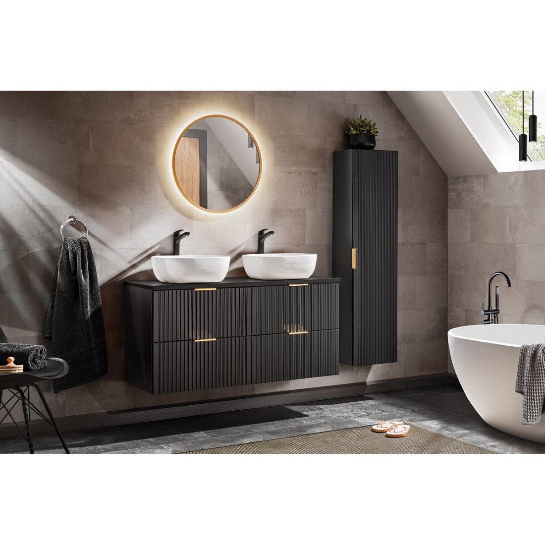 Grand meuble sous vasque NOXERA 120 cm – Noir mat – Double vasque + miroir LED + colonne