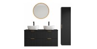 Grand meuble sous vasque NOXERA 120 cm – Noir mat – Double vasque + miroir LED + colonne