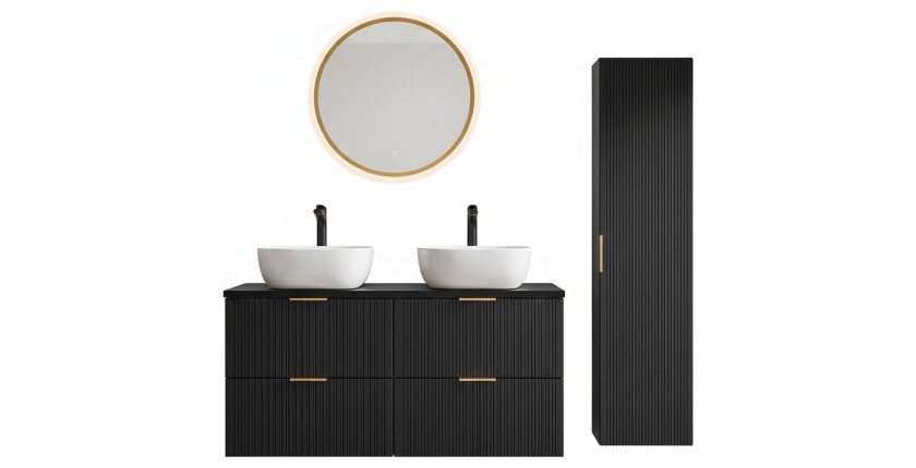 Grand meuble sous vasque NOXERA 120 cm – Noir mat – Double vasque + miroir LED + colonne