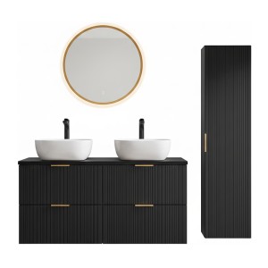 Grand meuble sous vasque NOXERA 120 cm – Noir mat – Double vasque + miroir LED + colonne