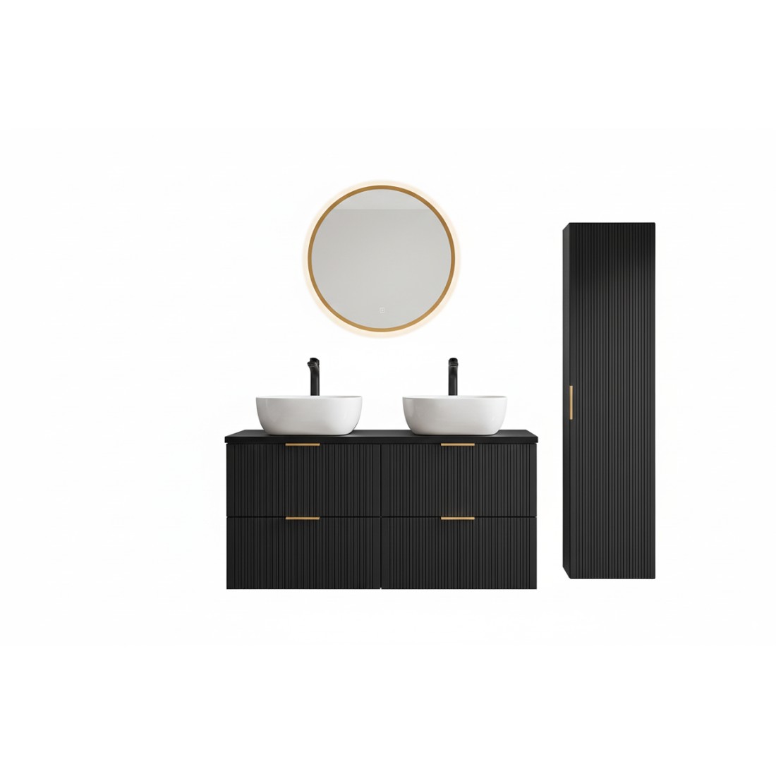 Grande mobile sottolavabo NOXERA 120 cm – Nero opaco – Doppio lavabo + specchio LED + colonna