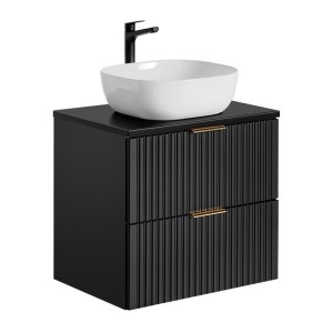 Meuble sous vasque NOXERA 60 cm – Noir mat – 2 tiroirs + plan pour vasque + vasque