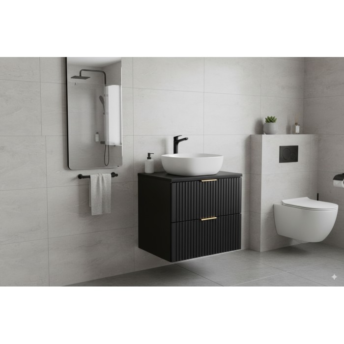 Meuble sous vasque NOXERA 60 cm – Noir mat – 2 tiroirs + plan pour vasque + vasque