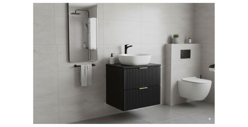 Meuble sous vasque NOXERA 60 cm – Noir mat – 2 tiroirs + plan pour vasque + vasque